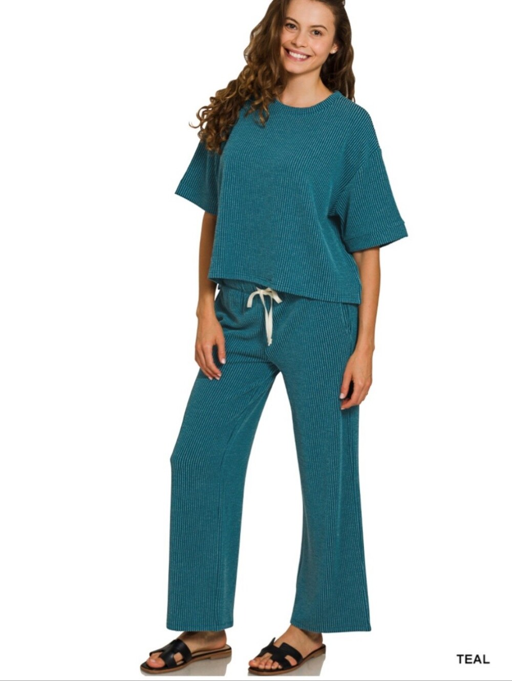 New Zenana Teal Ribbed Set